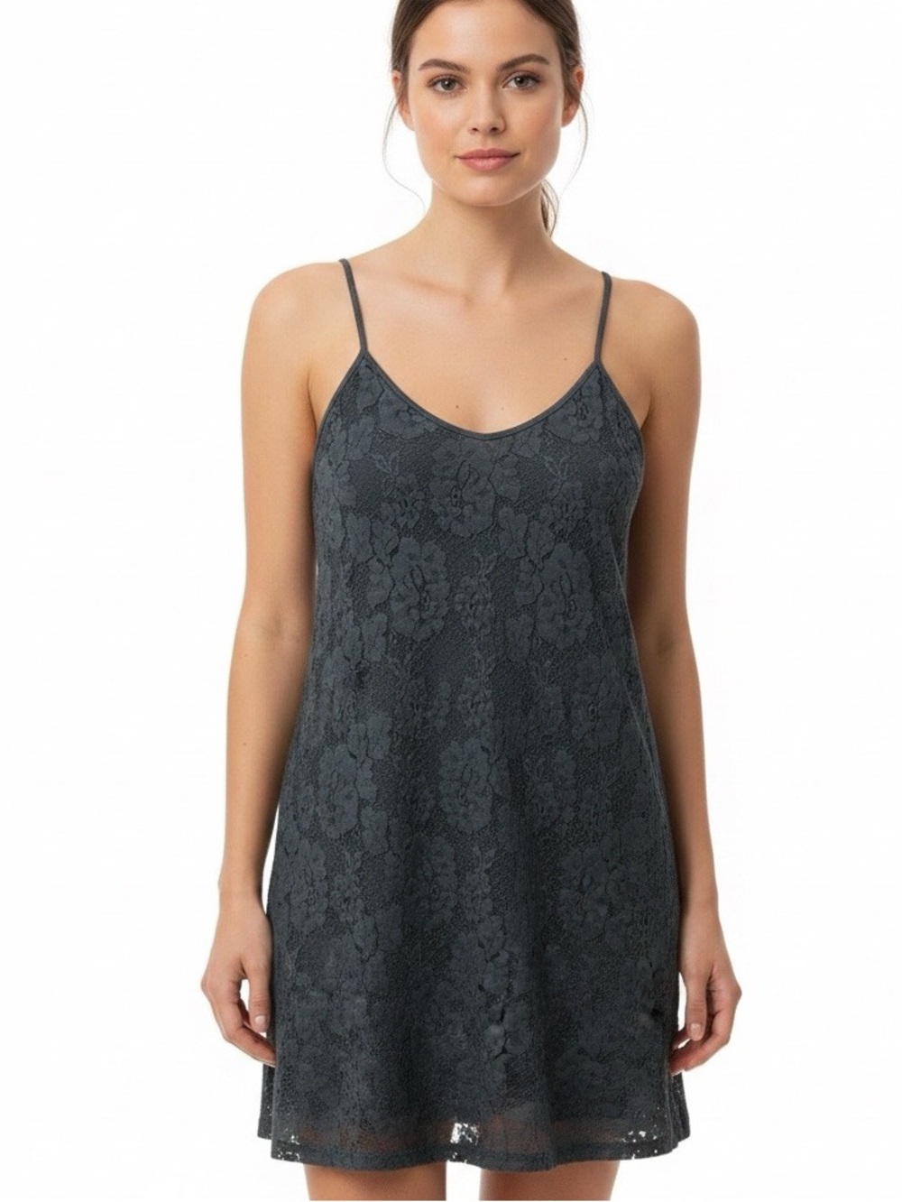 Black lace slip dress by Don't ask why. Cotton blend one size adjustable straps
